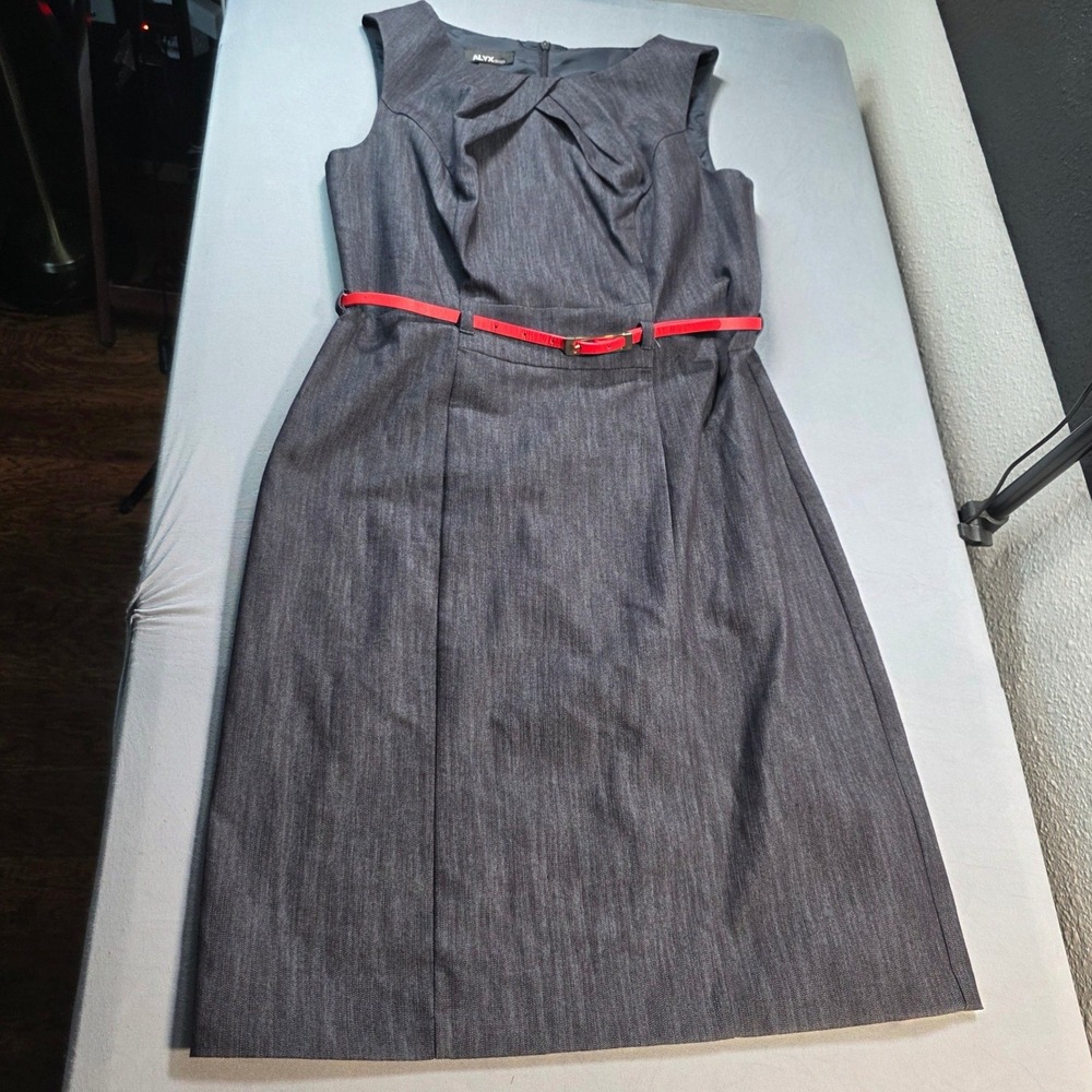 ALYX Womens Charcoal Grey Sleeveless Sheath Dress w/Red Belt Size 4 Professional